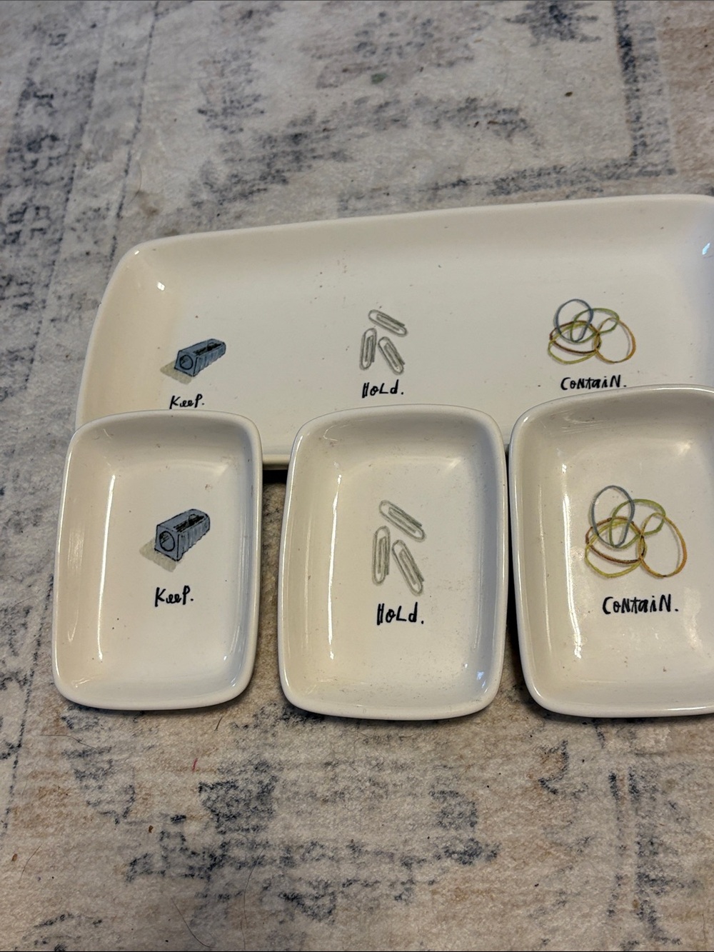 Rae Dunn White Ceramic Office Supplies Tray Trio with Illustrated Icons EUC